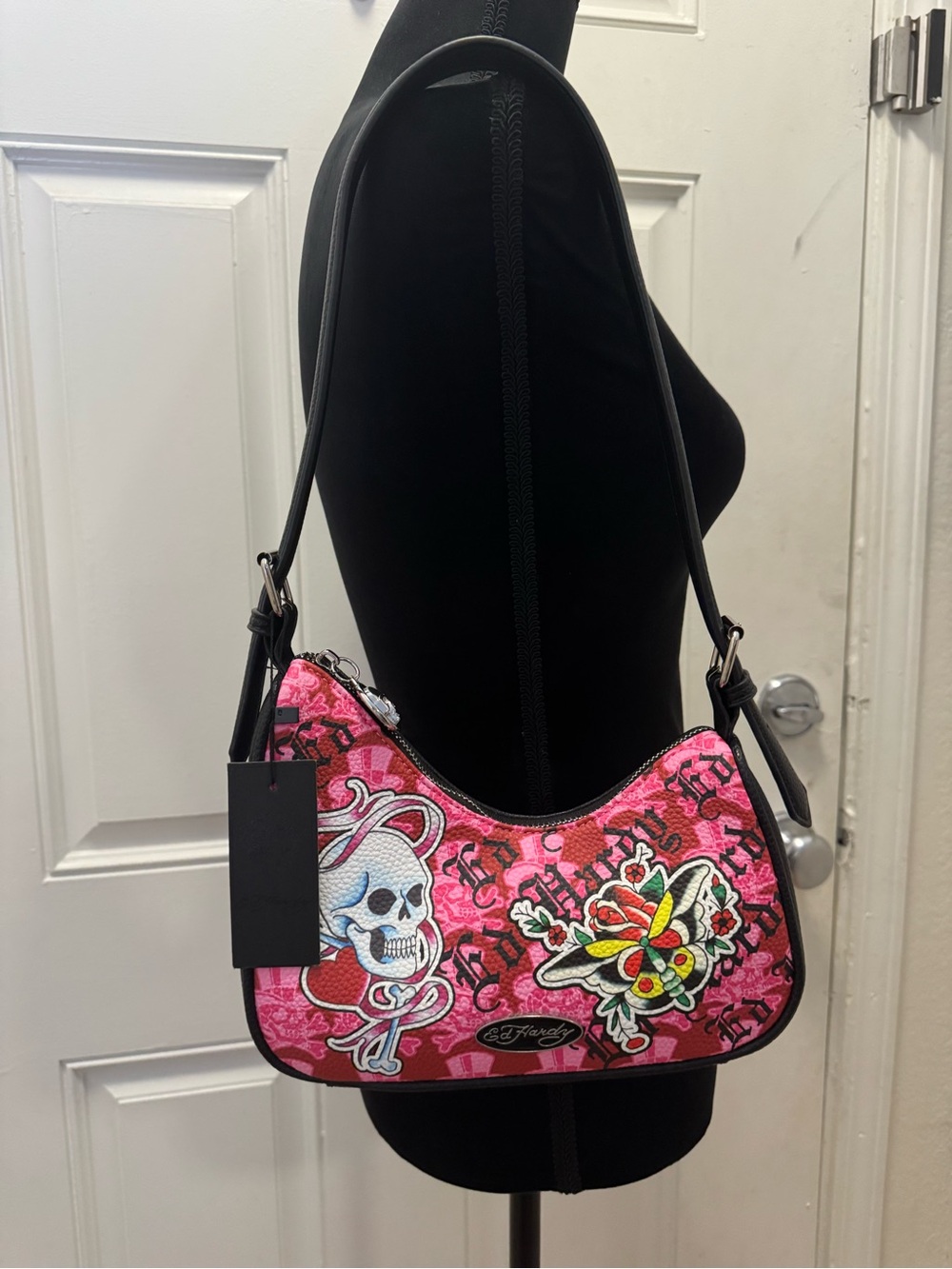 Ed Hardy Pink Skull & Floral Shoulder Bag